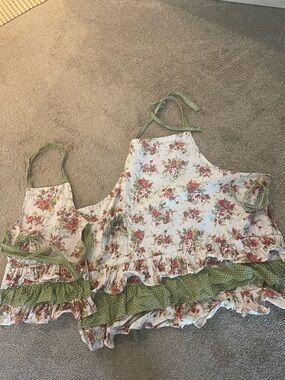 Mommy and me Floral Ruffled Apron Set with Green Polka Dot Trim